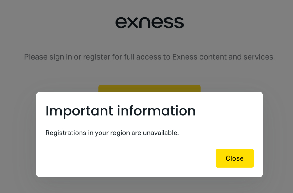 Mensaje de Exness cuando intentas abrir una cuenta desde India