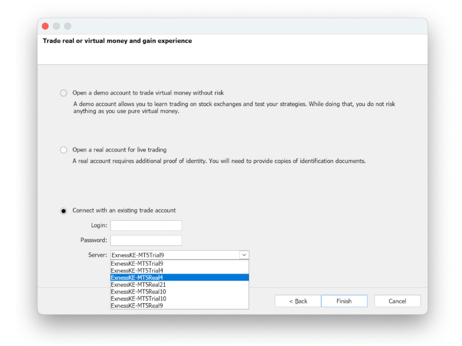 Picking an Exness real server in the MT5 software
