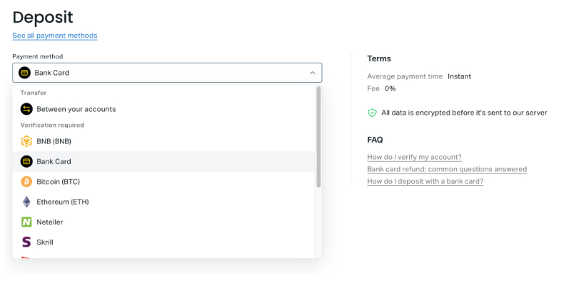 Making a deposit in the Exness account area
