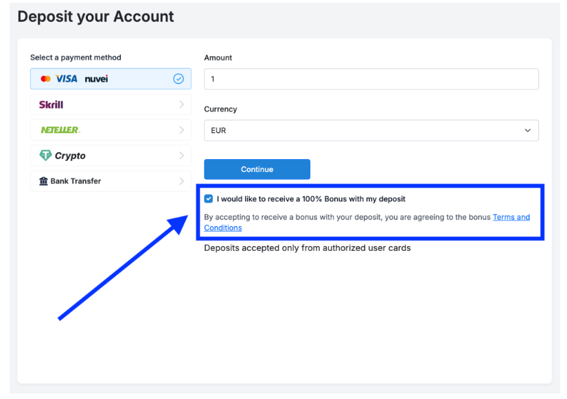Clicking to confirm the FXCC welcome bonus