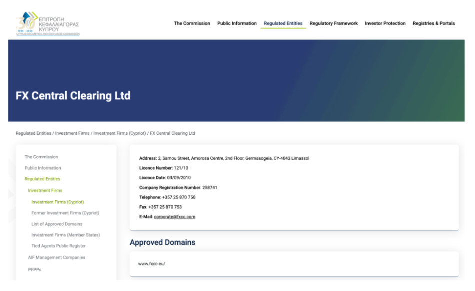 FXCC EU entity license details on the CySEC database