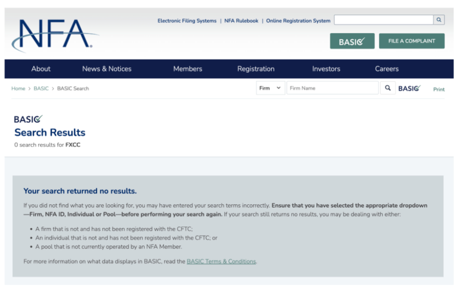 Results of US NFA database showing FXCC isn't registered
