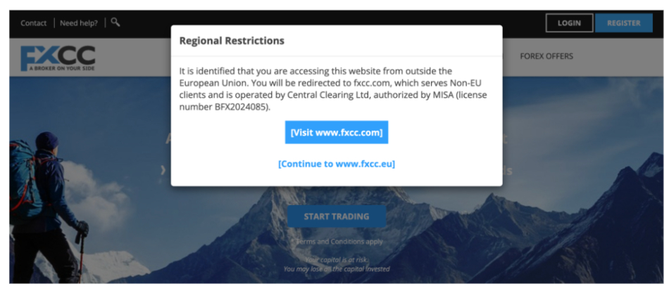FXCC non-EU resident redirection notice