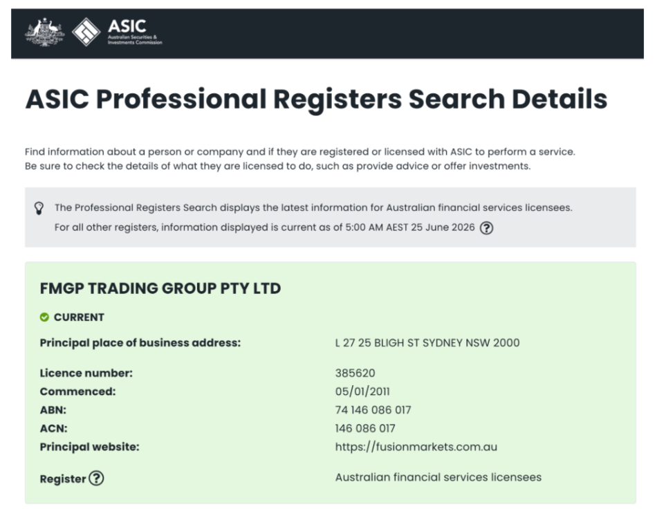 ASIC license details for Fusion Markets on its database