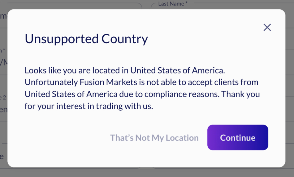 Fusion Markets message pop-up when you register from the United States