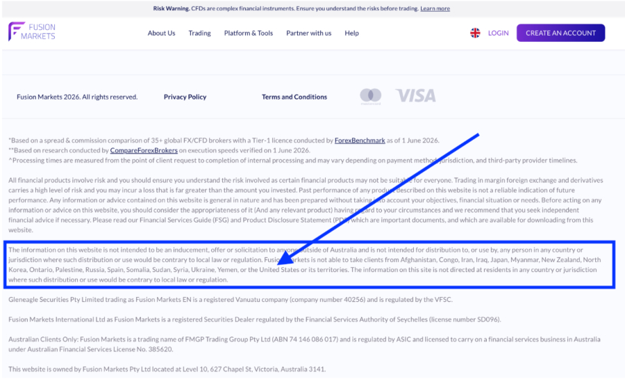 Fusion Markets website footer with arrow showing US traders not accepted