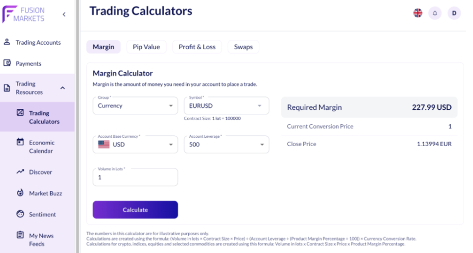 Trading calculator in Fusion Markets' client area