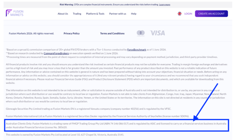 Fusion website footer with license details highlighted