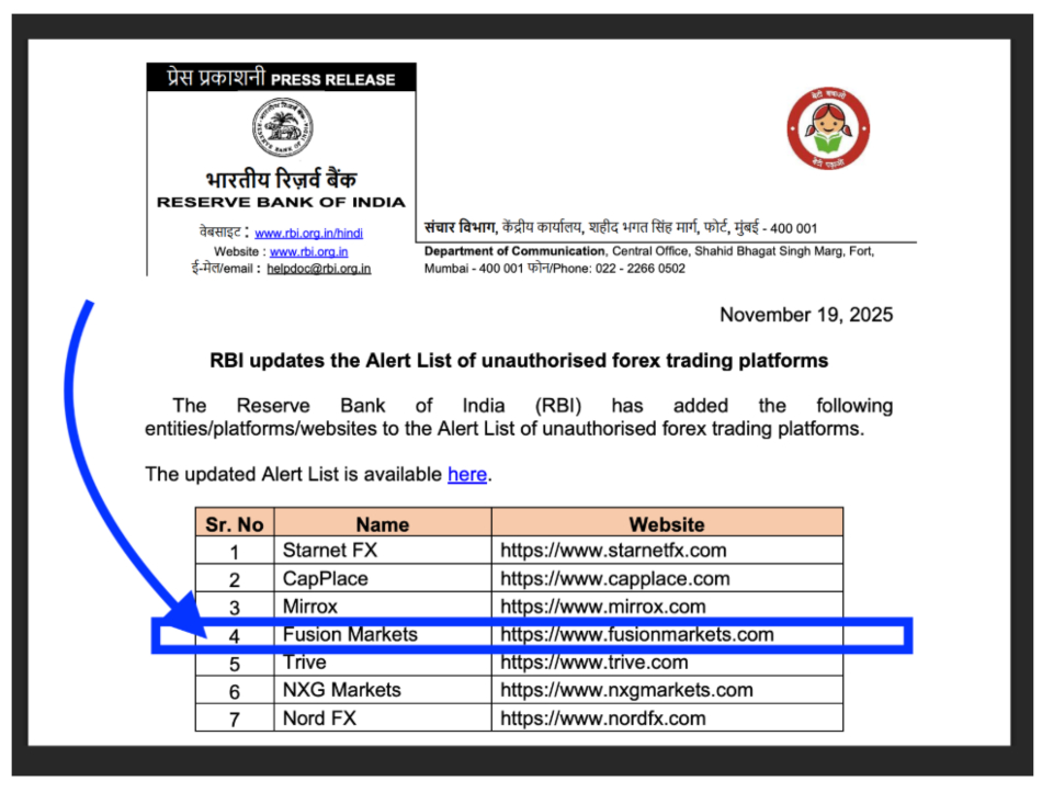 India RBI press release showing Fusion Markets is not authorized