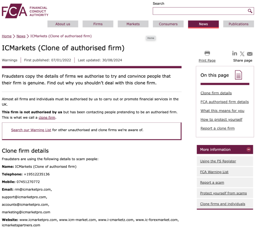 Clones of IC Markets on FCA database