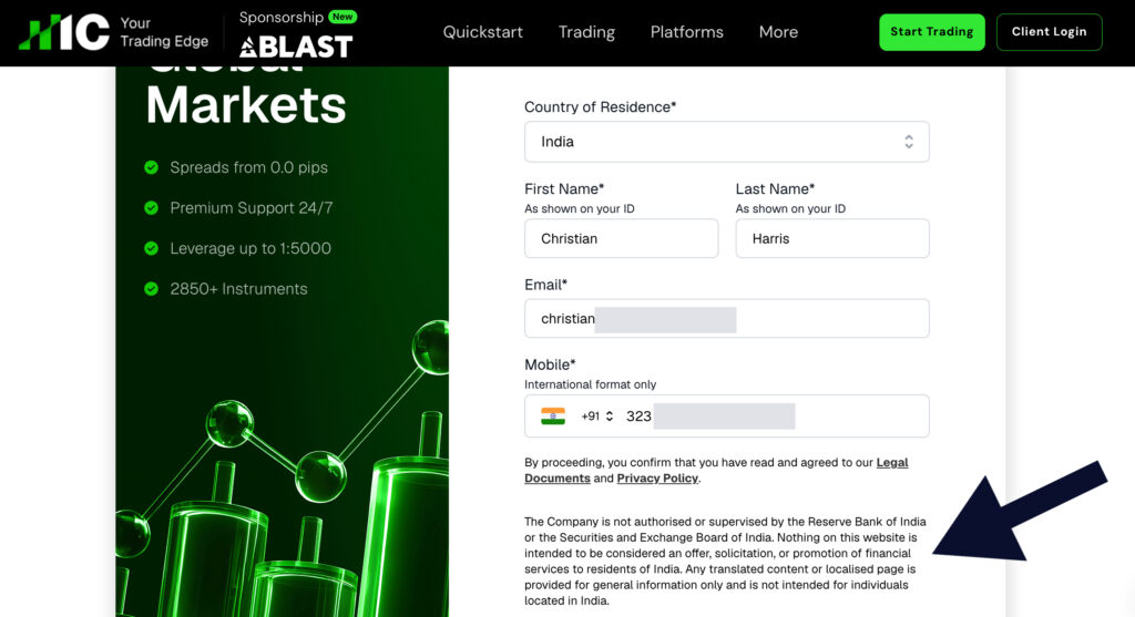 IC Markets account sign-up from India with RBI and SEBI details