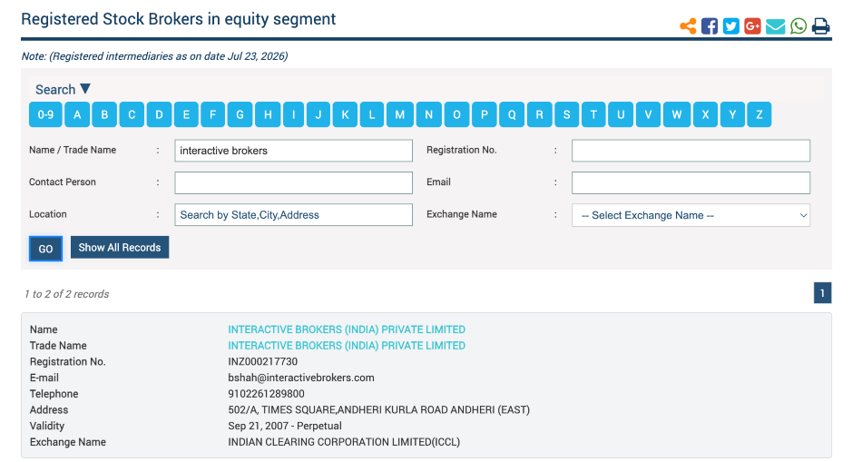 IBKR listing on the SEBI register in India