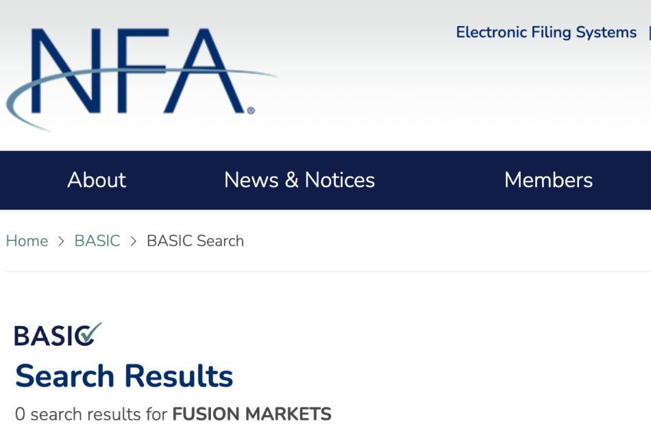 Results of searching for Fusion Markets on the US NFA database