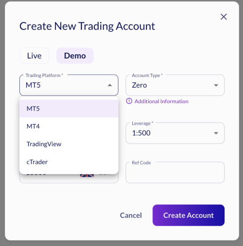 Creating an MT5 account at Fusion Markets