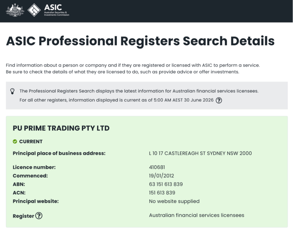 PU Prime's entry on the ASIC database