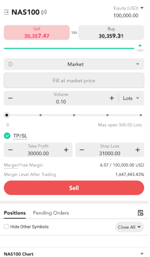 Nasdaq 100 chart on the PU Prime trading app