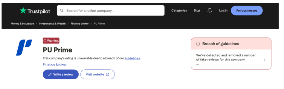 PU Prime's Trustpilot profile with warning message about fake reviews