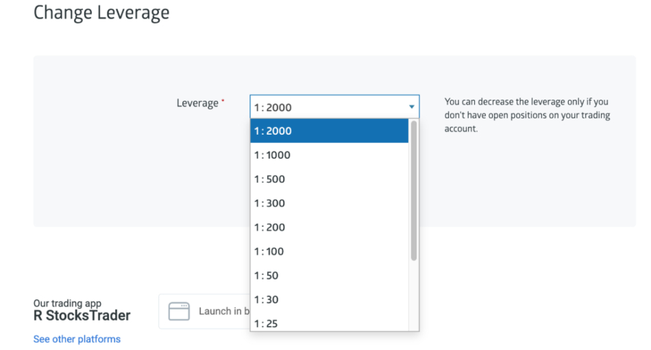 Selecting leverage to trade with in the RoboForex account area