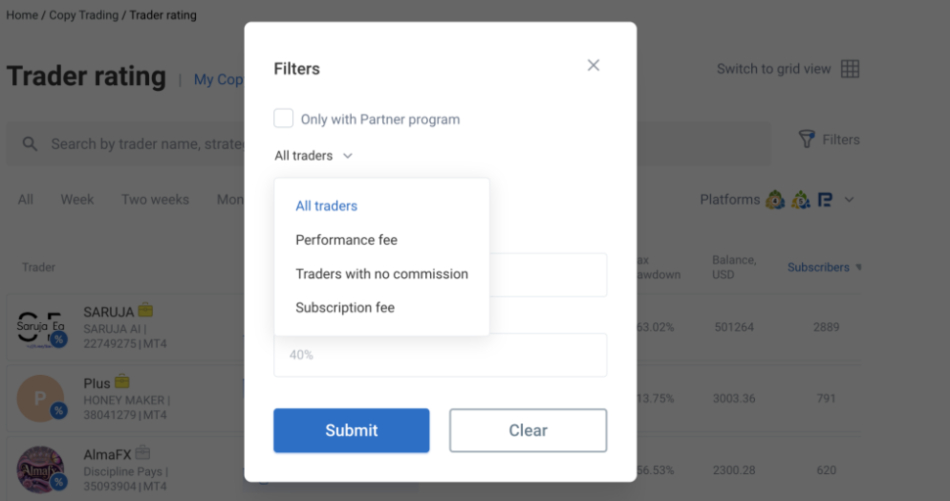 Filtering copy traders at RoboForex