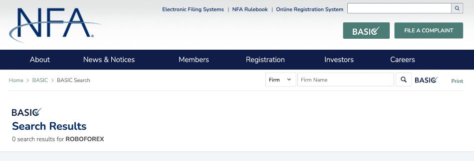Results of searching for RoboForex on the NFA databse