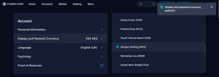 Selecting KES account in the Crypto.com platform