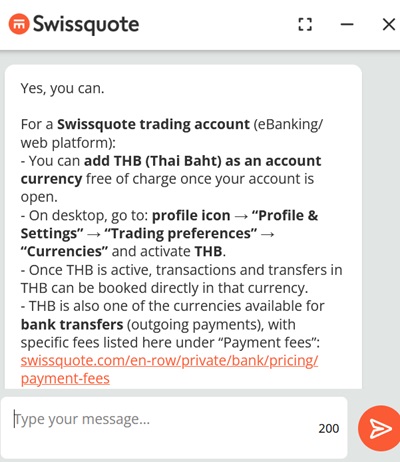Proceso de selección de una cuenta de trading basada en THB con Swissquote explicada por su soporte de chat 