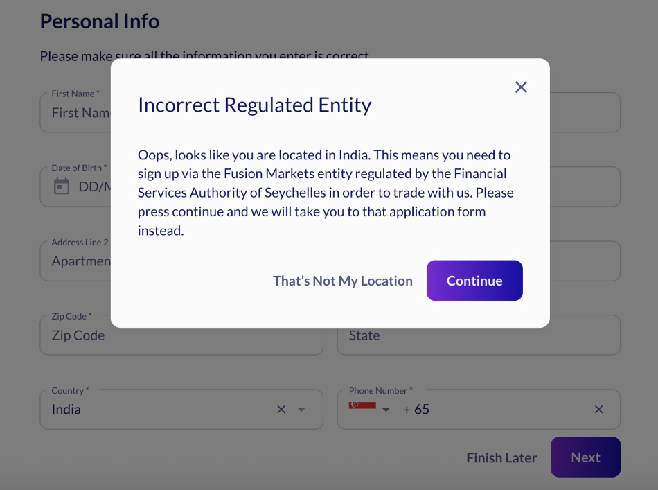 Redirect message from Fusion Markets if you open an account from India