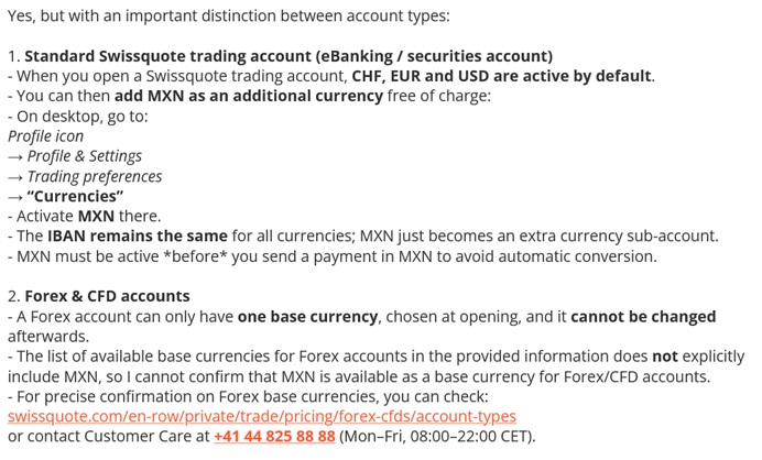 Swissquote's policy on MXN accounts