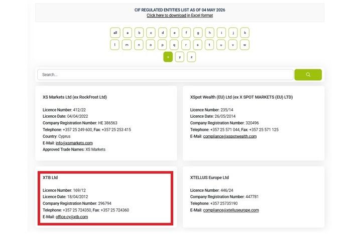 XTB on the CySEC database. Source: CySEC