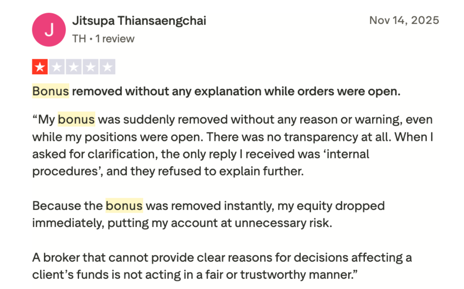 Trustpilot review complaining a broker removed bonus due to vague internal policies