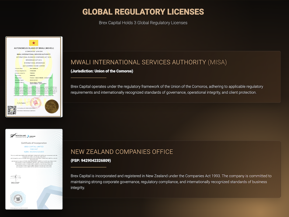 Brex Capital's license page on the website