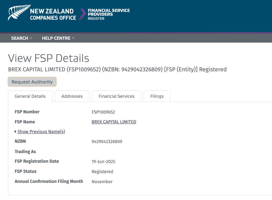 Brex Capital New Zealand FSP license