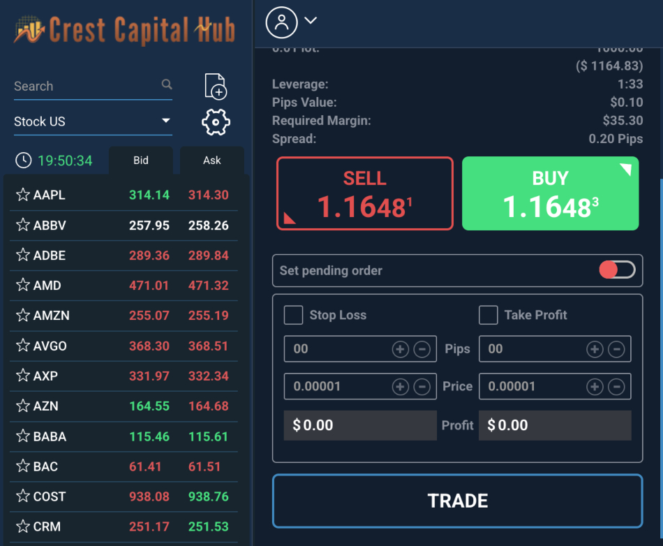Crest Capital Hub online trading platform