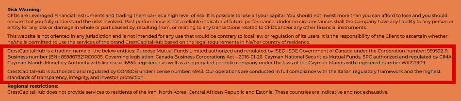 Crest Capital Hub website footer with regulatory claims