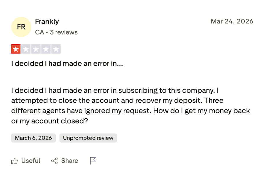 1-star Crest Capital Trustpilot review