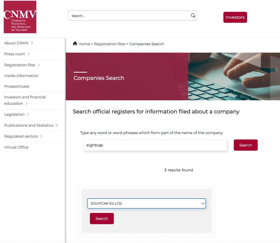 Searching for Eightcap broker on CNMV database