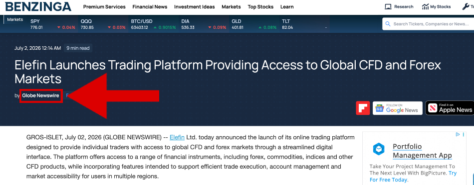 Press release about Elefin broker on Benzinga