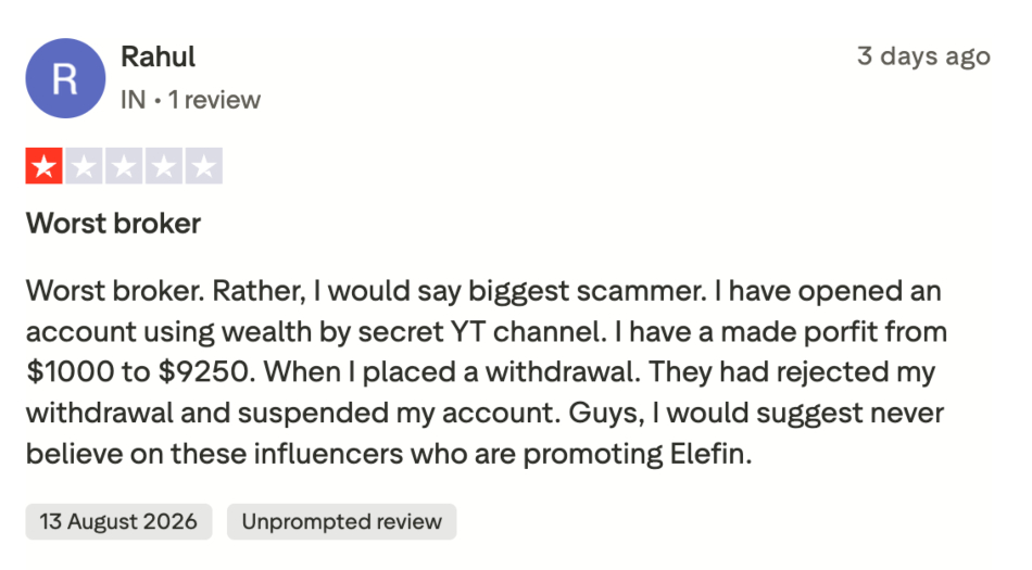 Elefin broker review claiming withdrawal problems