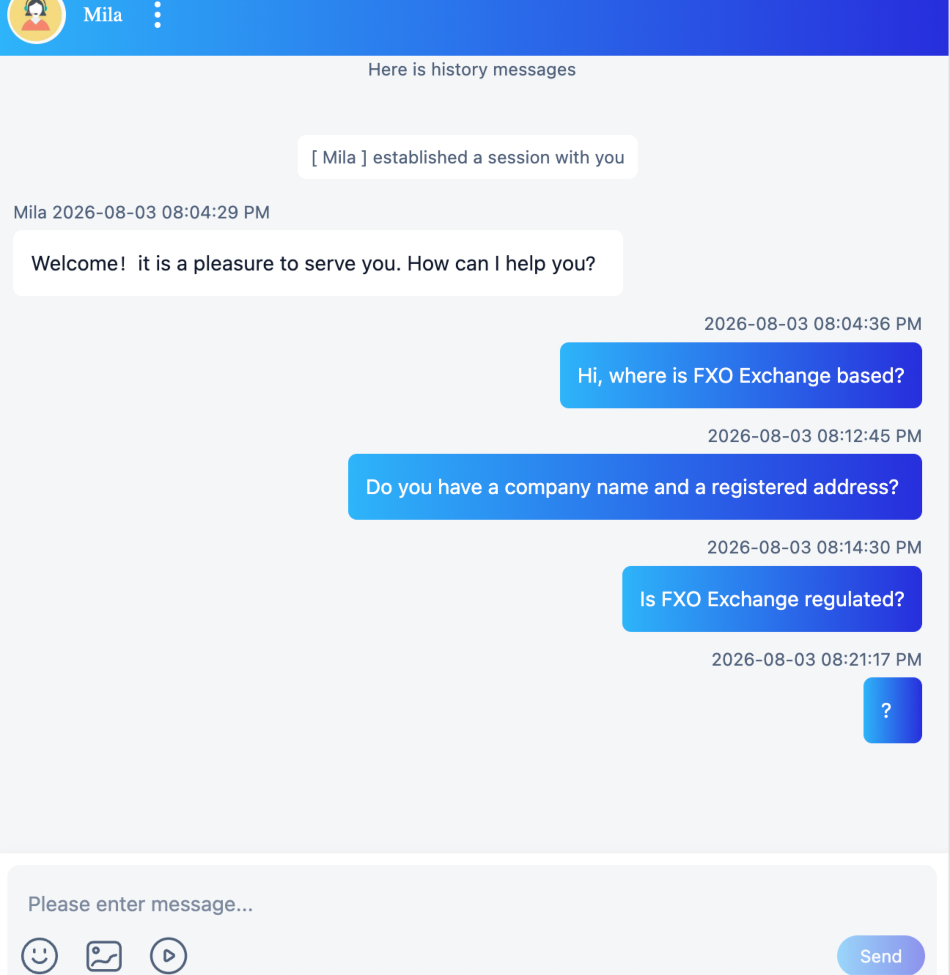 Live chat conversation with FXO Exchange about its regulations