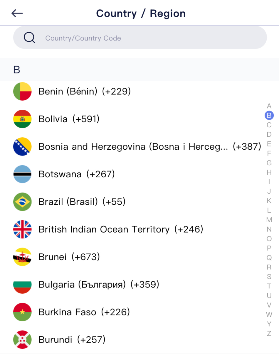 Country drop-down on FXO Exchange app