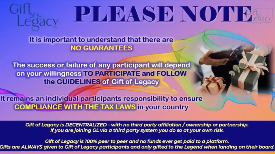 Investment-style disclaimers on Gift of Legacy