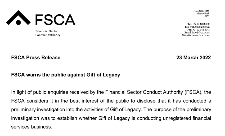 FSCA warning about Gift of Legacy