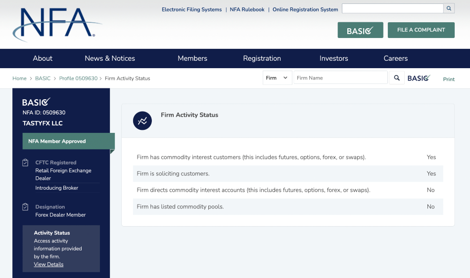 IG's US subsidiary, Tastyfx, on the NFA daatbase
