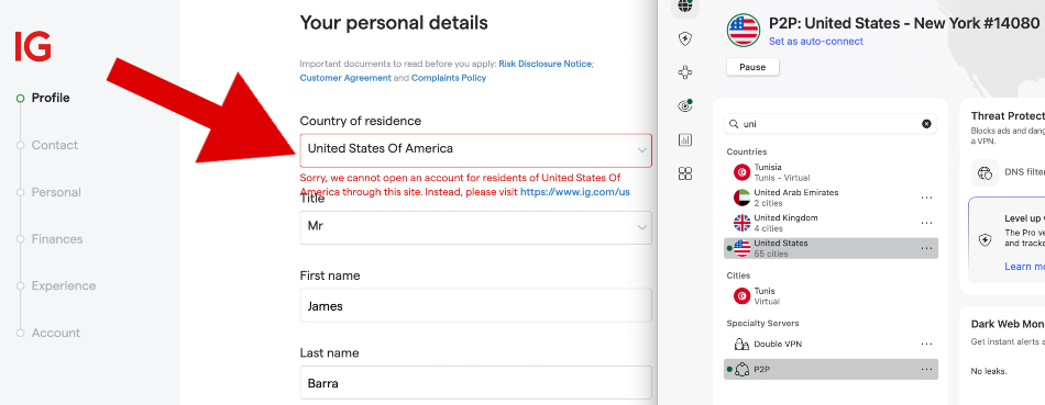 Trying to open an IG brokerage account from the USA