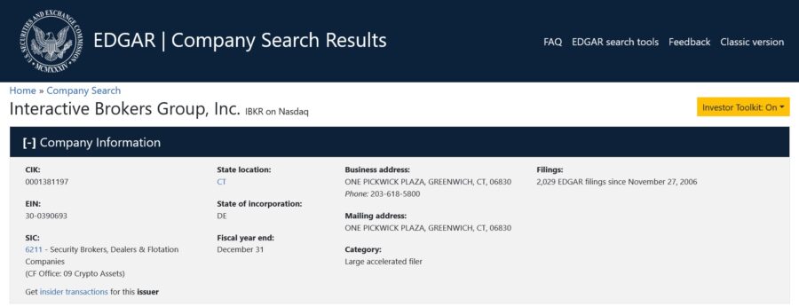 Interactive Brokers' entry on the SEC EDGAR online directory Source: SEC