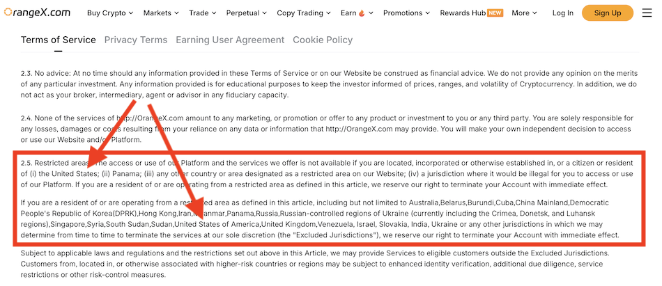 OrangeX website footer showing US users are banned