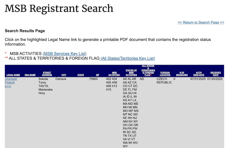 OrangeX MSB registration