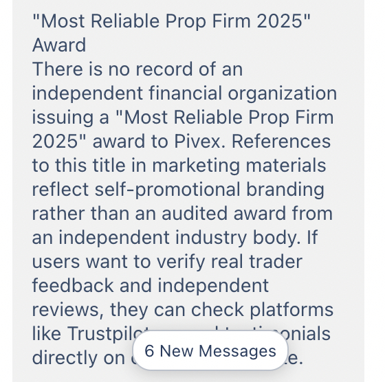 Pivex live chat conversation about their 'most reliable prop firm' award