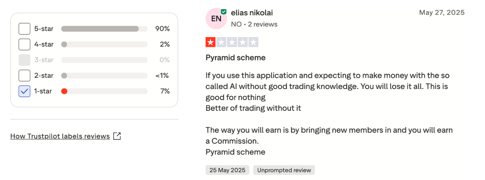 One-star Trustpilot review of SageMaster