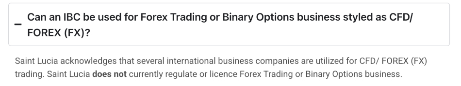 Saint Lucia International Financial Centre FAQ showing Saint Lucia doesn't regulate forex brokers